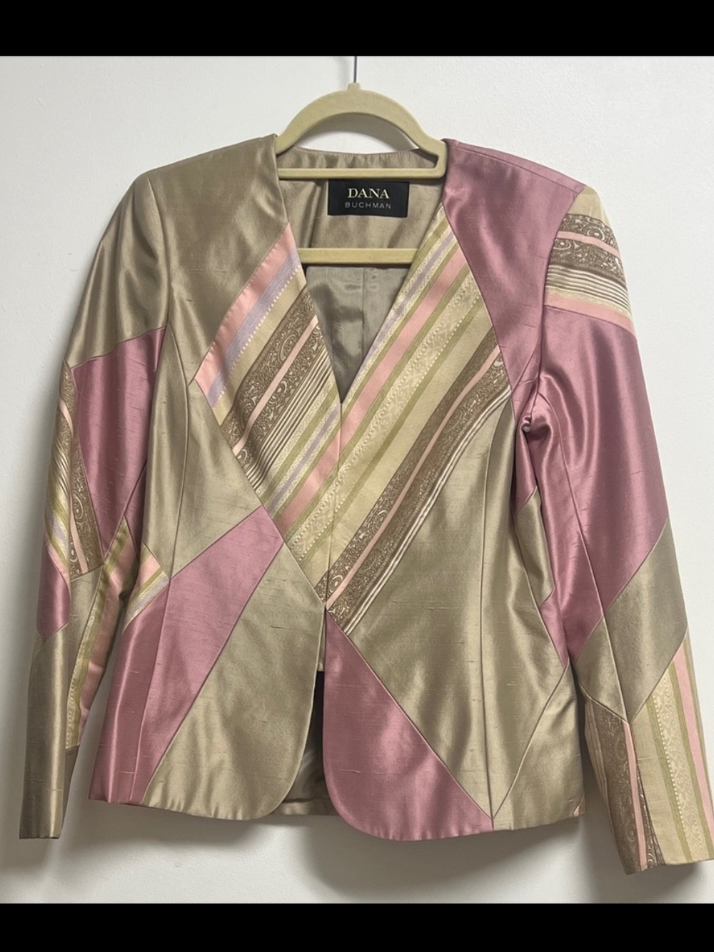 Dana Buchman Tan Lilac Pink Patchwork Raw Silk Tailored Women's Blazer Small 2